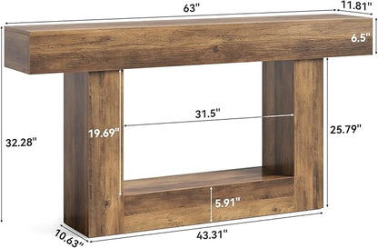 LITTLE TREE 63 Inches Long Console Table, 2-Tier Farmhouse Sofa Table Behind Couch, Large Narrow Entryway Table for Living Room, Wooden Hallway Foyer Table with Heavy Duty Base, Rustic Brown