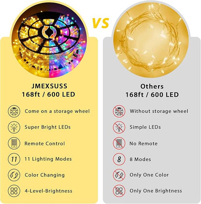 JMEXSUSS 600 LED Color Changing String Lights Plug in, 168FT Warm White & Multicolor Christmas Lights with Remote, Christmas String Lights Outdoor Waterproof Clear Wire for Tree Xmas Decor