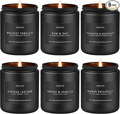 Scented Candles Set | Gifts for Men - 6Pack Candle Set - Masculine Candle, Soy Candles for Home Scented, Aromatherapy Gift - Fragrance of Smoke Vanilla/Leather/Mahogany/Tobacco/Oak/Amber Patchouli