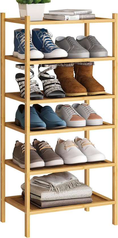 BMOSU 6-Tier Bamboo Small Shoe Rack Premium Stackable Shoe Shelf Storage Organizer for Hallway Closet Living Room Entryway Organizer(Natural)
