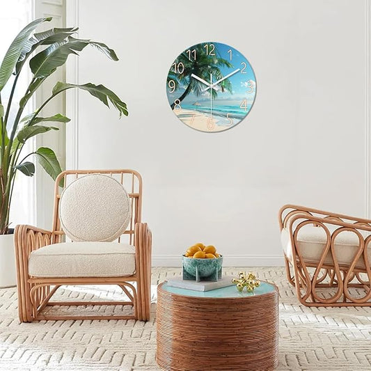 XFM Beach Wall Clock Silent Non-Ticking Battery Operated Clocks 14 Inch Blue Ocean Tropical Palm Tree Wall Clock Decorative for Living Room Kitchen Bedroom Office