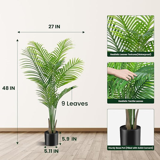 ANTING 4FT Artificial Areca Palm Plant - Large Fake Tall Artificial Tree Indoor - Realistic Green Silk Plant - Perfect for Any for Home Room Decor 2Pack