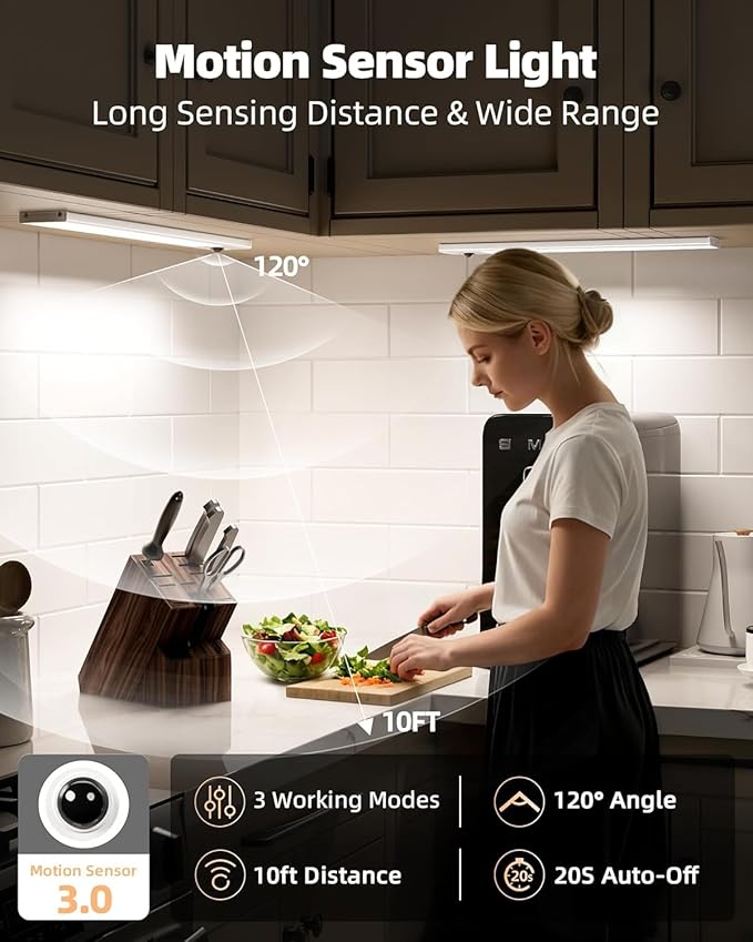 EZVALO Under Cabinet Lighting, 2000mAh Rechargeable Motion Sensor Lights Indoor, LED Dimmable Closet Lights, 3 Color Temps with Battery Indicator, Under Counter Lights for Kitchen, Stair