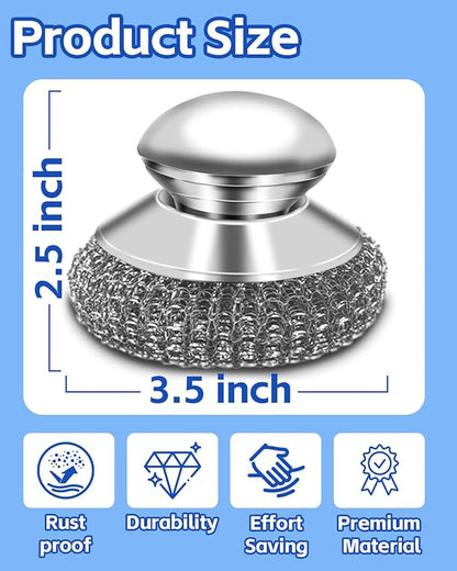 2 Pack Stainless Steel Wool Scrubber with Handle, 4 Replacement Steel Scrubber Wool Pads, Scrubbing Scouring Brush Pads for Cleaning Dishes, Stoves, Kitchen Pots, Pans