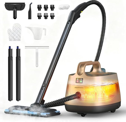 Steam Cleaner, 293°F 58 PSI Powerful Multipurpose Handheld Steam Mop for Home Use, 21 Attachments, 50Oz Capacity, Heavy Duty Steamer for Carpets, Floors, Cars, Tiles, Crack Cleaning, Brass