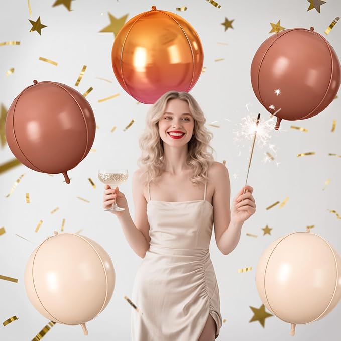 Retro Beige Orange Brown Round Foil Balloons 9 pcs,Metallic Giant 4D Round Balloons 22 Inch for Baby Shower Thanksgiving Fall Party Decorations