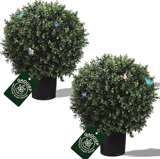 26" H x 18" W Artificial Boxwood Topiary Ball – Realistic UV-Resistant Artificial Shrub with Weighted Pot, Set of 2 – Indoor/Outdoor Year-Round Green Décor for Porch, Garden, Patio