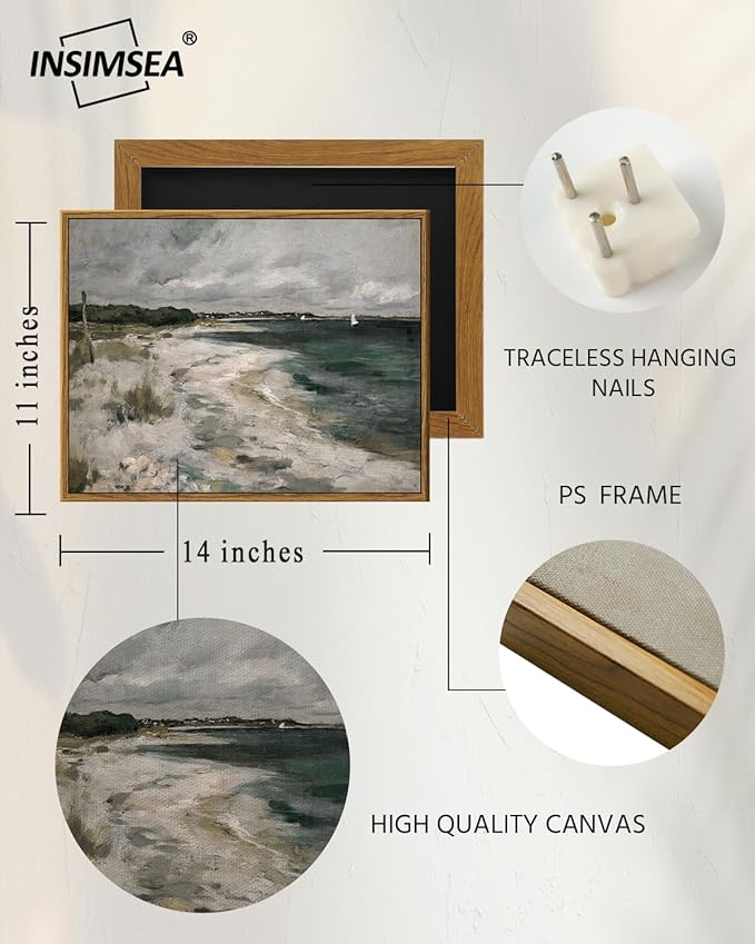 InSimSea Framed Canvas Wall Art Vintage Decor, Rustic Coastal Wall Art for Living Room, Country Storm Clouds Seaside Oil Painting Pictures for Bathroom Dining Room Decor, 11"x14"