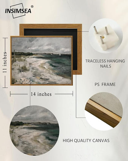 InSimSea Framed Canvas Wall Art Vintage Decor, Rustic Coastal Wall Art for Living Room, Country Storm Clouds Seaside Oil Painting Pictures for Bathroom Dining Room Decor, 11"x14"
