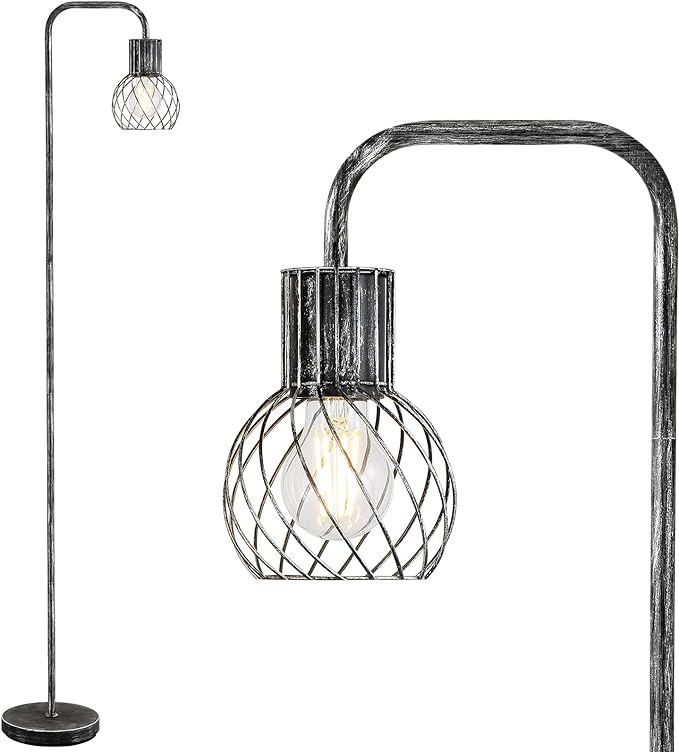 Industrial Floor Lamp, Antique Silver Standing Lamp Modern with 6W LED Bulb, Foot Switch, Metal Tall Lamps for Living Room, Bedroom, Office, Den, Vintage Stand Up Lamp, Minimalist Farmhouse Floor Lamp