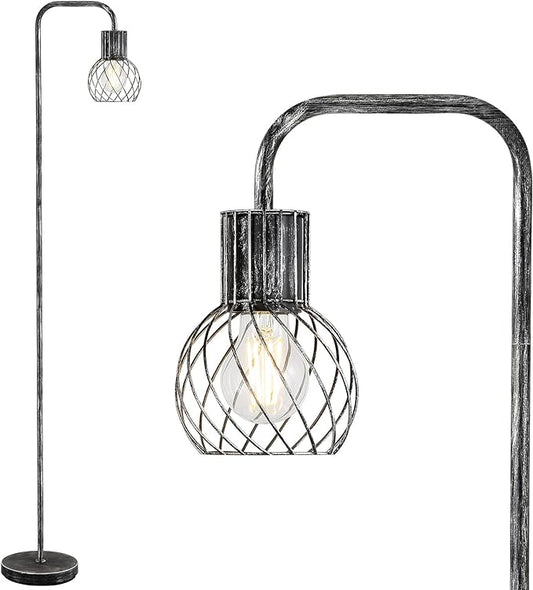 Industrial Floor Lamp, Antique Silver Standing Lamp Modern with 6W LED Bulb, Foot Switch, Metal Tall Lamps for Living Room, Bedroom, Office, Den, Vintage Stand Up Lamp, Minimalist Farmhouse Floor Lamp