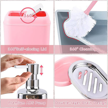Bathroom Accessory Set–Bathroom Sets with Shower Curtain and Rugs, Non Slip Bathroom Rugs Super Absorbent, Pink Ombre Waterproof Shower Curtain with Hooks, Pink Bathroom Sets Complete for Home