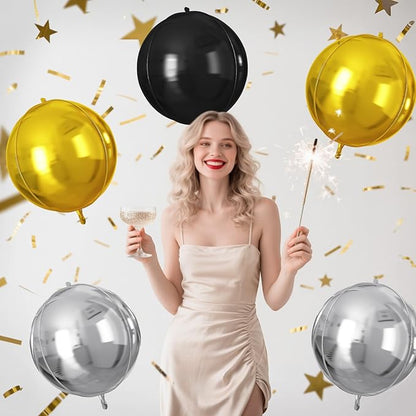 Black Gold Silver Round Foil Balloons 9 pcs,Metallic Giant 4D Round Balloons 22 Inch for Birthday Wedding Baby Shower Graduation Party Decoration
