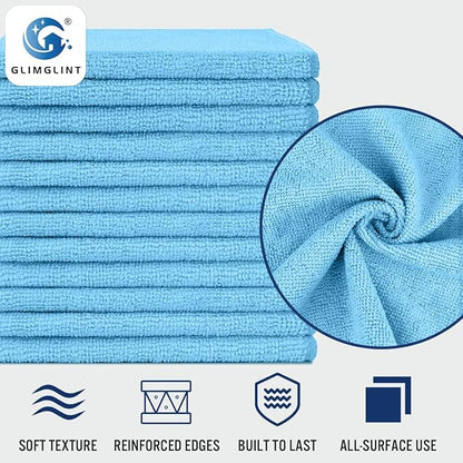 GLIMGLINT Blue Microfiber Cleaning Cloth, 12 Pack Cleaning Towels for Kitchen, Lint Free, Scratch-Free, Highly Absorbent, and Reusable Cleaning Rags for House, Window and Glass, Cars, 14"X12"