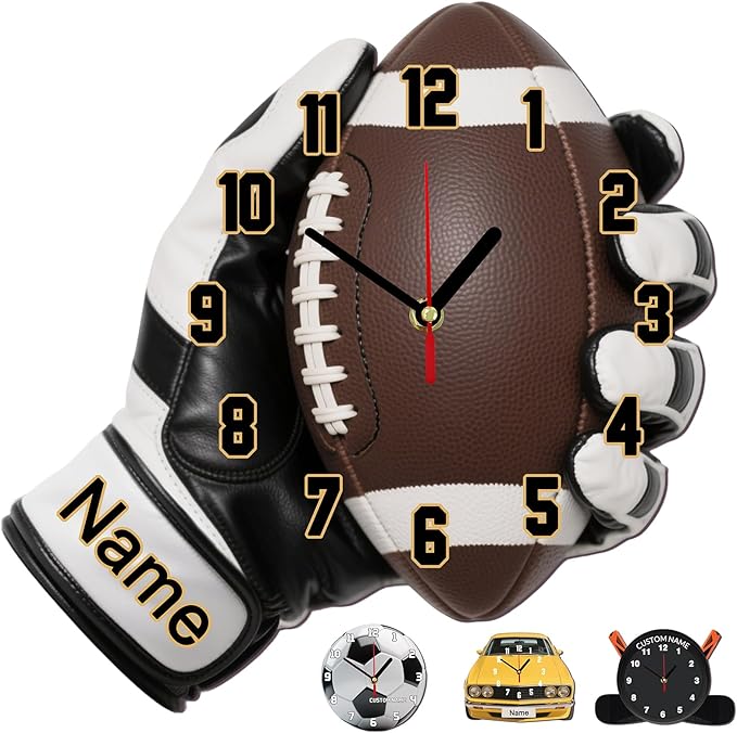 Personalized Clocks with Name Custom Football Wall Clock for Home Decoration Fathers Day Dad Gifts Birthday Christmas Creative Clock Customized Gift for Men Women Bedroom Living Room Decor
