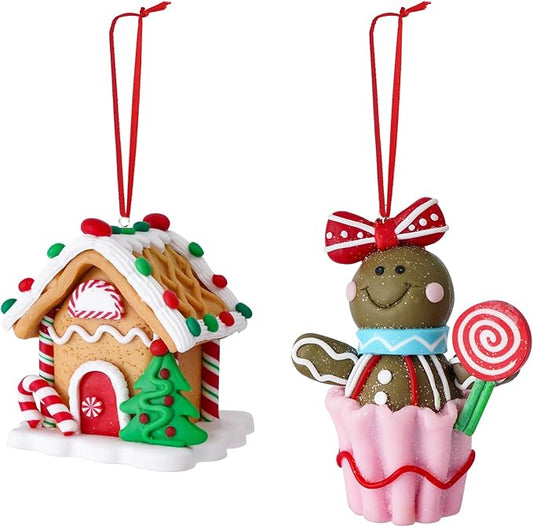 Set of 2 Christmas Tree Decorations, Gingerbread House & Gingerbread Man Christmas Ornaments, Claydough Xmas Hanging Decor for New Year Party Wedding Home