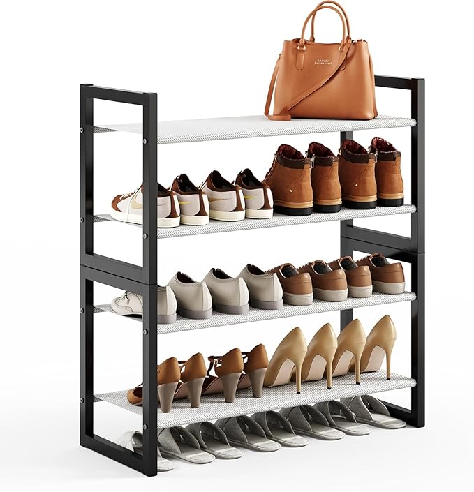 Shoe Rack for Closet & Entryway, Stackable 4-Tier Shoe Organizer, Welded Metal Frame, Semi-Assembled Fast Setup, 11.8" Deep Non-Woven Shelves, Space-Saving Shoe Storage, Black