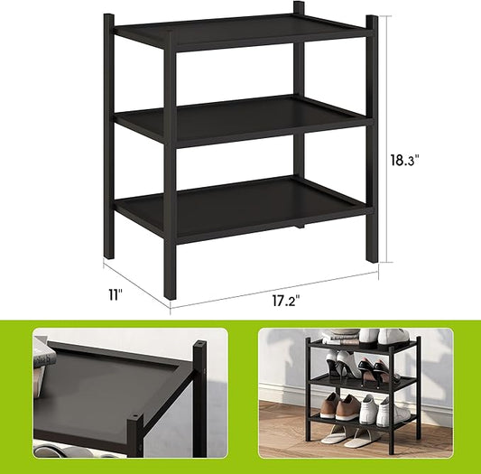 BMOSU 3-Tier Bamboo Small Shoe Rack Premium Stackable Shoe Shelf Storage Organizer for Hallway Closet Living Room Entryway Organizer(Black)