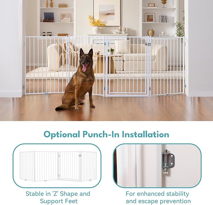 No Pawblems Free Standing Dog Gate with Door, 36'' Tall Foldable Dog Fence for Indoor & Outdoor, Up to 156 Inch Extra Wide Puppy Gate for Stairs, Hallways, Doorways, Deck, Yard (White, 6 Panels)