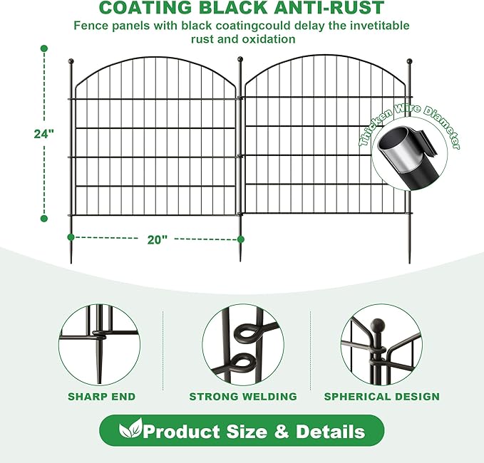 24 in(H) x20 Ft(L) No Dig Heavy Duty Metal Fence - 10 Panels Thick Rust-Resistant Decorative Fence Posts for Yard Security, Garden, Lawn, Farm and Poultry (Black)