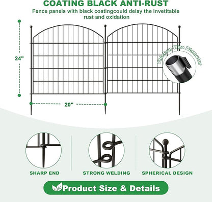 24 in(H) x20 Ft(L) No Dig Heavy Duty Metal Fence - 10 Panels Thick Rust-Resistant Decorative Fence Posts for Yard Security, Garden, Lawn, Farm and Poultry (Black)
