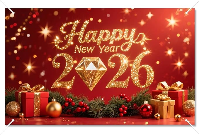 2026 Happy New Year Backdrop Gold Diamond Glitter Banner Red Background with Gift Boxes Party Decoration Photography Background 71x43 Inches New Year Eve Celebration Decor