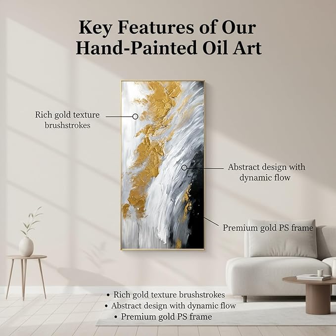Hand-Painted Black and White Abstract Oil Painting on Canvas for Entrance-Hall, Framed Gold Wall Art for Living Room,Large 3D Wall Picture for Bedroom Kitchen Home Decoration 24x48inch