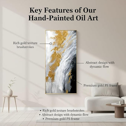 Hand-Painted Black and White Abstract Oil Painting on Canvas for Entrance-Hall, Framed Gold Wall Art for Living Room,Large 3D Wall Picture for Bedroom Kitchen Home Decoration 24x48inch