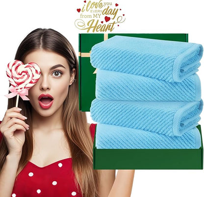 VOOVA & MOVAS Hand Towels for Bathroom Set of 4，Large 18"x 28" - 100% Cotton | Lightweight | Thick | Quick Dry | Soft | Absorbent, Bath Hand Towels, Bathroom Essentials, Blue