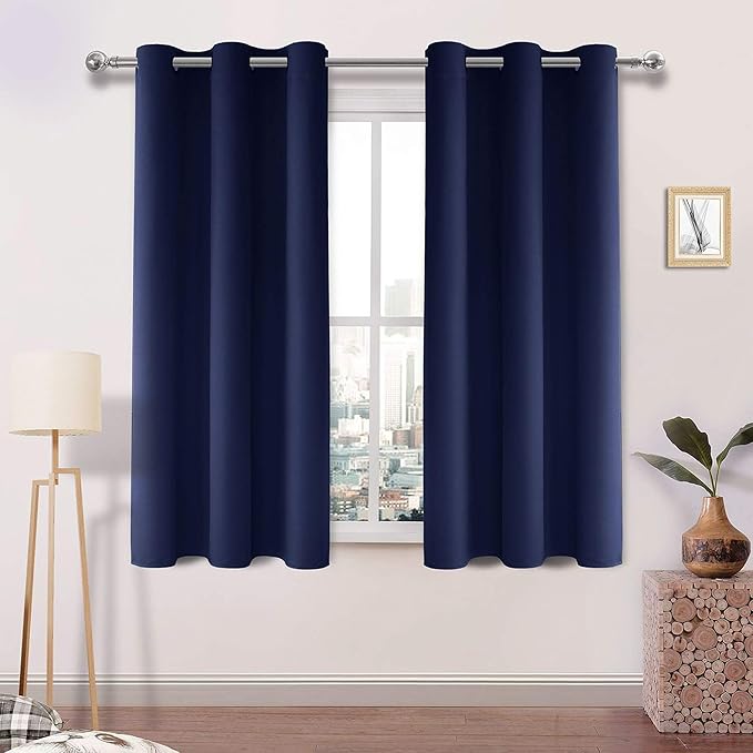 DWCN Navy Blue Blackout Curtains Blocking Light Room Darkening Thermal Insulated Grommet Window Curtain for Bedroom Living Room Privacy Solid Drapes 38 x 54 Inches Length, Set of 2 Thick Panels