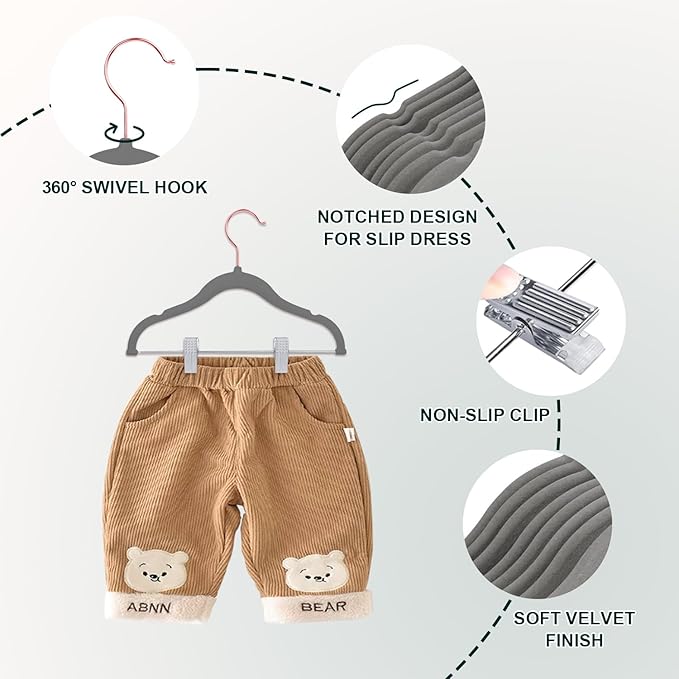 Baby Hangers with Clips, 14 Packs Kids Velvet Clothes Hangers, Heavy-Duty Childrens Pant Hangers for Shirts, Pants, Skirts, Dresses, Jackets, Coat Gray - Rose Gold Hook