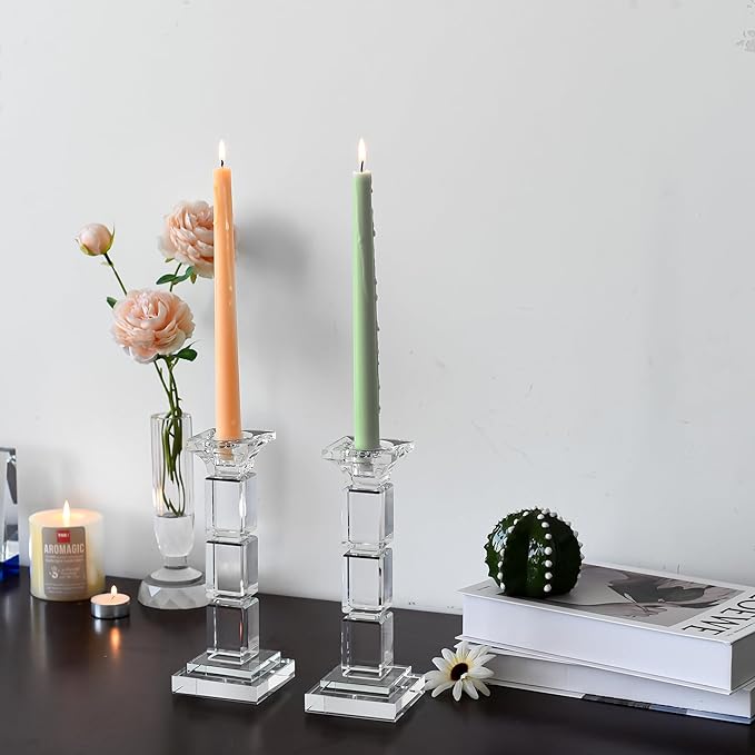 Kitcom Crystal Candle Stick Holders for Home Decor Pack of 2, Clear Crystal Taper/Tealight Candle Holder Table Centerpieces for Party and Wedding Decoration(8.6inch Tall)