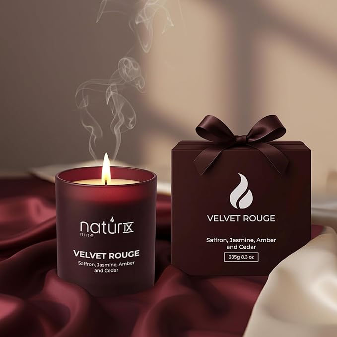 Natur IX Velvet Rouge Scented Candles for Home | Cedarwood, Saffron, Jasmine & Amber | Natural Non Toxic Soy Candles with Essential Oils | 50 H Long Burning