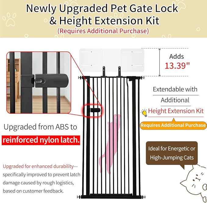Lumizone Extra Tall Cat Gate 55.12" High Pressure Mounted Extra Wide 2025 New (17 Sizes) 1.37" Gap No Drilling Auto-Close One-Handed Operation Tall Pet Gate for Dogs(Black, 55.12" H x 59.45"-63.38" W)