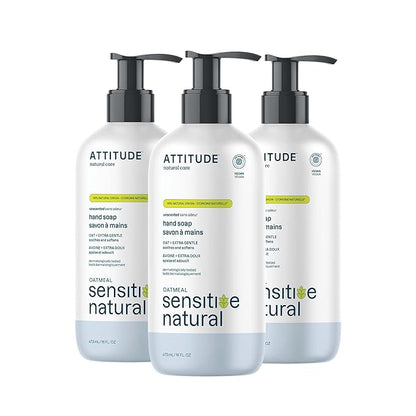ATTITUDE Hand Soap for Sensitive Skin Enriched with Oat, EWG Verified, Dermatologically Tested, Vegan, Extra Gentle, Unscented, 16 Fl Oz (Pack of 3)