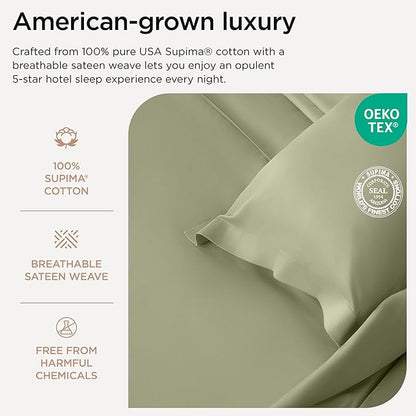 Threadmill Twin XL Sheet Sets | 100% Supima Cotton Sheets for Twin XL Mattress | Solid Sateen Twin XL Bed Sheets Set with 16” Deep Pocket | Soft Breathable 3-Piece Cooling Sheet Set| Sage Green Sheets