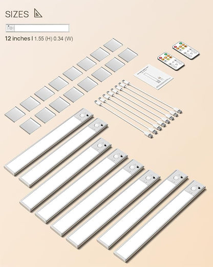 Under Cabinet Lighting with Remote Control,2500mAh USB Rechargeable Motion Sensor Light Indoor,350 Lumen LED Closet Light,3 Color Temps Wireless Under Counter Lights for Kitchen,Cabinet,Bedroom,8 Pack