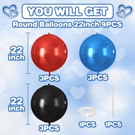 Red Blue Black Round Foil Balloons 9 pcs,Metallic Giant 4D Round Balloons 22 Inch for Birthday Baby Shower Kids Boys Party Decorations