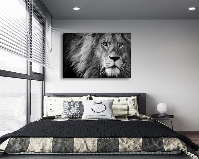 Baisuart Canvas Prints Wall Art Grey lion Stretched Canvas Wooden Framed for living Room Bedroom and Office