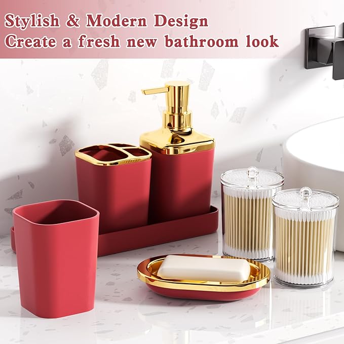 Bathroom Set – Burgundy Bathroom Accessories with Ombre Shower Curtain, Bathroom Accessories Set with Trash Can Soap Dispenser Soap Dish for Home