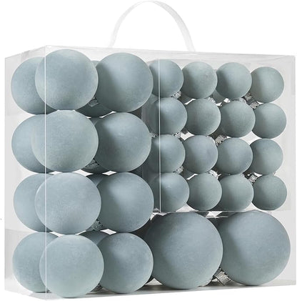 Velvet Christmas Ball Ornaments Set-46pcs Flocked Shatterproof Christmas Tree Decorations Plastic Xmas Decorative Hanging Ornaments for Xmas Holiday Home Decor,3 Sizes(Gray Blue)