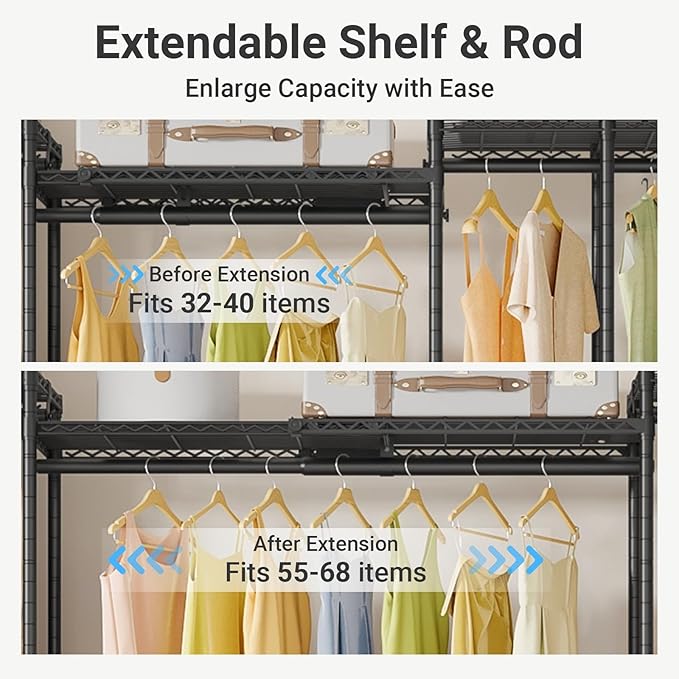 VIPEK X40 Expandable Large Reach-in Closet Rack Adjustable from 6'4" to 8'2'' with Extendable Shelves and Hanger Rods, Walk-in Clothes Rack Mental Freestanding Clothing Racks, Max Load 1240LBS, Black