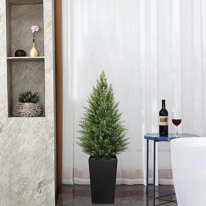 Briful Artificial Cedar Topiary Trees 4ft, Set of 2 Faux Potted Christmas Porch Trees Cypress Sbrubs, UV-Resistant Front Door Greenery in Tall Black Planter for Indoor Outdoor Holiday Décor