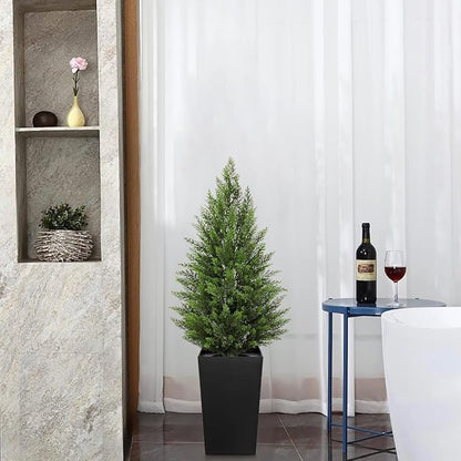 Briful Artificial Cedar Topiary Trees 4ft, Set of 2 Faux Potted Christmas Porch Trees Cypress Sbrubs, UV-Resistant Front Door Greenery in Tall Black Planter for Indoor Outdoor Holiday Décor