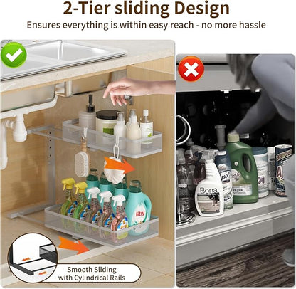 Under Sink Organizer 2 Pack, 2-Tier Slide Out Cabinet Organizer with Metal Sliding Drawer and Hooks, Pull Out Storage Baskets for Kitchen Bathroom Pantry Cabinet Organization (grey)