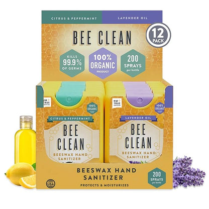 Organic Beeswax Hand Sanitizer Spray - 12-Pack (6 Lavender + 6 Citrus Peppermint), Travel Size Mist Spray with Organic Ethyl Alcohol, Moisturizing with Essential Oils, Non-Toxic, Made in USA
