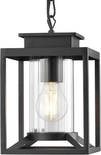 Outdoor Pendant Light for Porch, 1-Light Black Hanging Porch Light Modern Exterior Hanging Lantern with Cylinder Glass and Adjustable Chain for Gazebo, 2353/1H