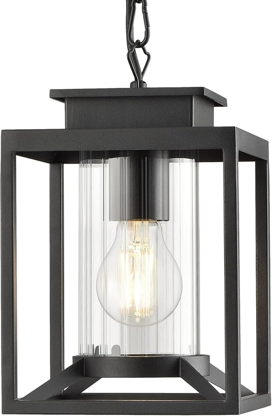 Outdoor Pendant Light for Porch, 1-Light Black Hanging Porch Light Modern Exterior Hanging Lantern with Cylinder Glass and Adjustable Chain for Gazebo, 2353/1H