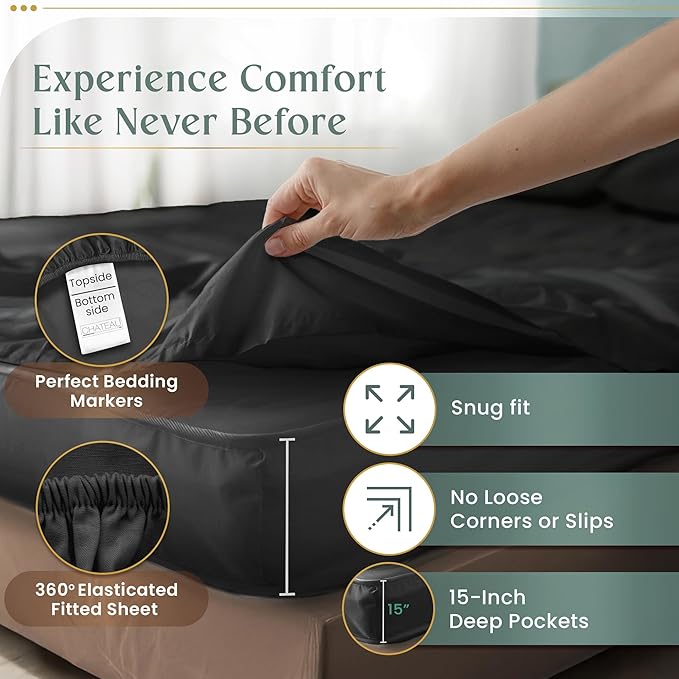 100% Cotton Sheets California King Size Sheets Set with Fitted Sheet & Pillowcase Sets, 800 TC Sateen Weave 4 PC Deep Pocket Cal King Sheet Set, Soft & Comfy Naturally Cool Luxury Bedding - Charcoal
