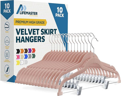 Velvet Pants Hangers – with Adjustable Clips, 360 Degree Swivel Hook, and Non-Slip Shoulder Notch, Holds Up to 10 lbs, for Organizing Skirt, Pants, Dress, and Clothes, Pack of 10, Pink